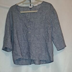 Sigrid Olsen Casual Blue Button-Up Shirt 100% Linen Denim Blue Size Med #56